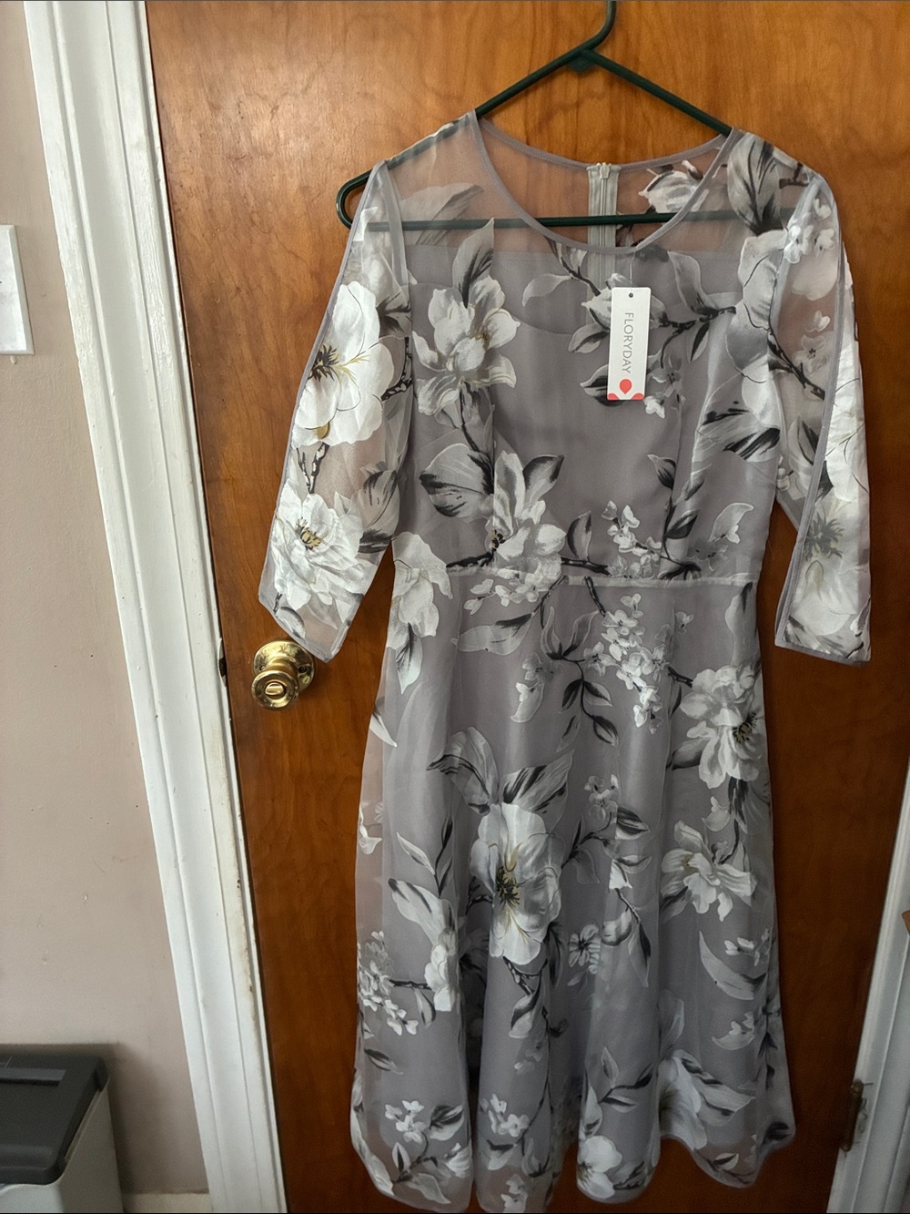 Floral Sheer Gray Midi Dress with Scoop Neck